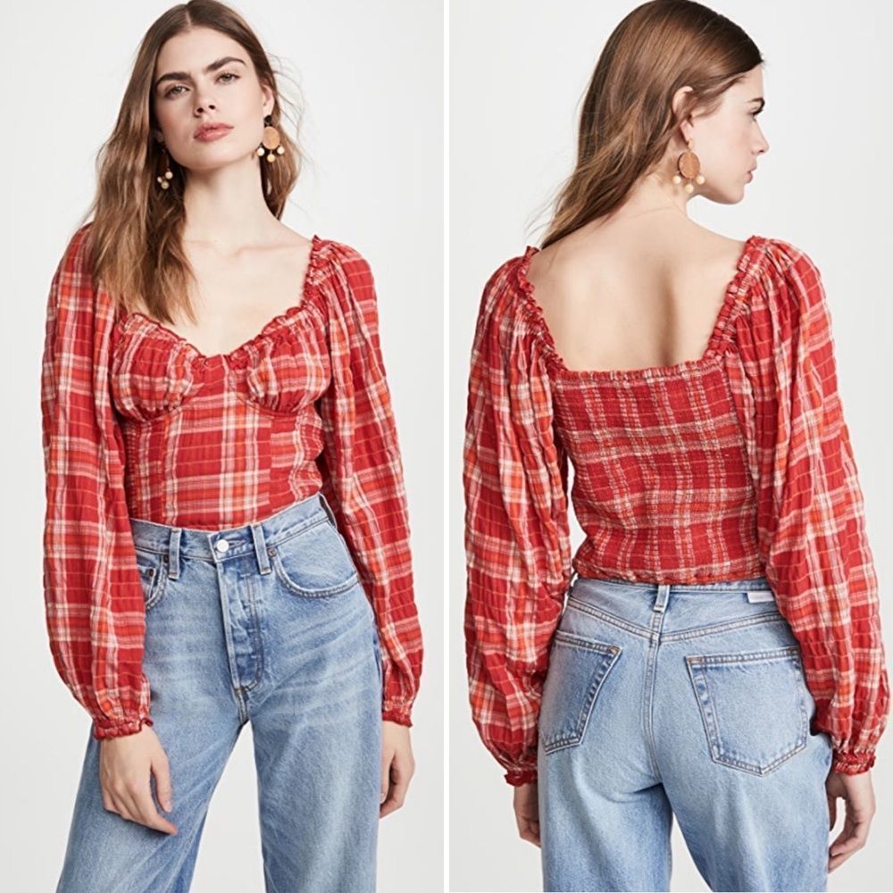 NWT Free People Cherry Bomb Madras  Plaid Blouse Red Gingham Plaid Top